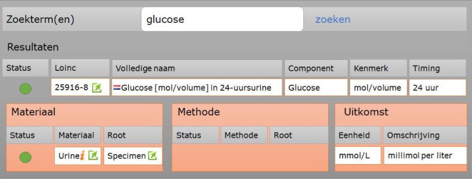 Screenshot van het Labcodeset waar de term glucose is opgezocht.