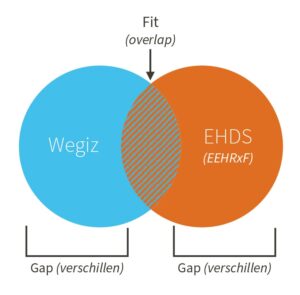 Diagram dat uitleg wat een fit-gap analyse is: een gekleurde bol Wegiz en gekleurde bol EHDS met een gearceerd stuk overlap