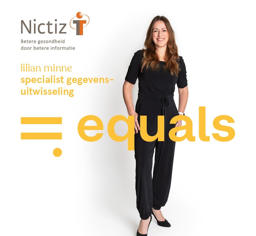 Lilian Minne, werkzaam bij Nictiz, glimlacht op haar poster voor de landelijke campagne Equals 2024.