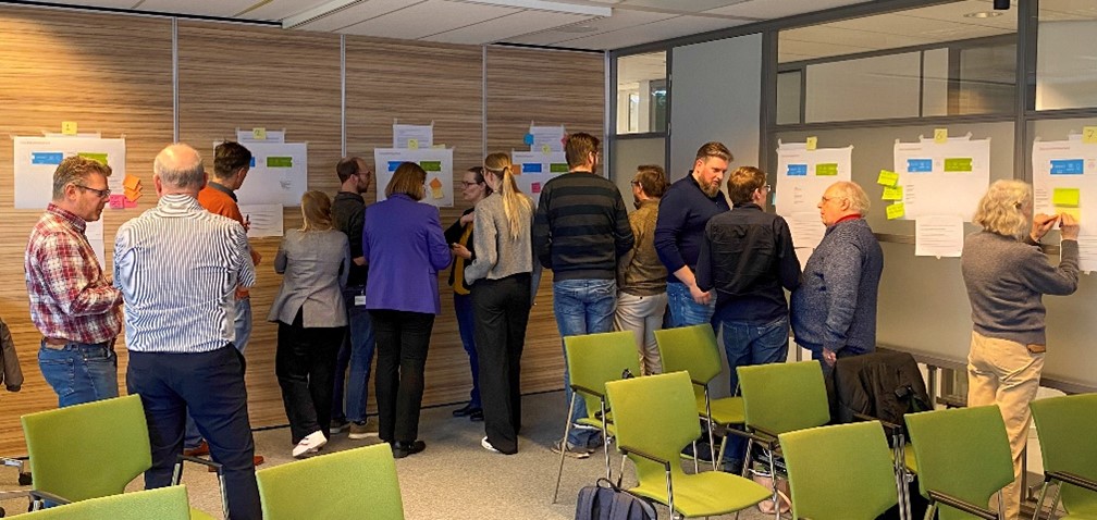 Werkgroep van de zib transitie staat bij een muur met A2-formaat formulieren en post-its en zijn in gesprek met elkaar.